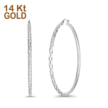 14K White Gold Thickness Hinged Diamond Cut Hoop Earrings - 6 Differnet Size Available, Best Anniversary, Birthday Gift for Her